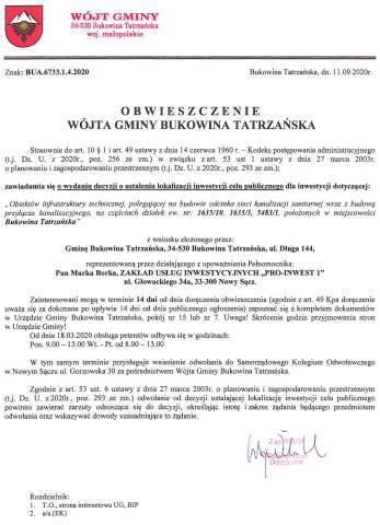 Obwieszczenie Wójta Gminy Bukowina Tatrzańska BUA 6733.1.4.2020