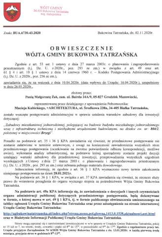 Obwieszczenie Wójta Gminy Bukowina Tatrzańska BUA 6730.43.2020