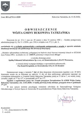 Obwieszczenie Wójta Gminy Bukowina Tatrzańska BUA 6733.1.2.2020