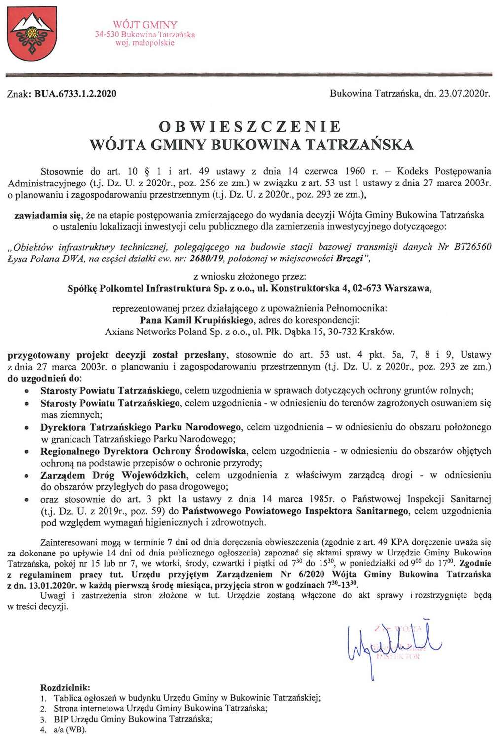 Obwieszczenie Wójta Gminy Bukowina Tatrzańska BUA 6733.1.2.2020