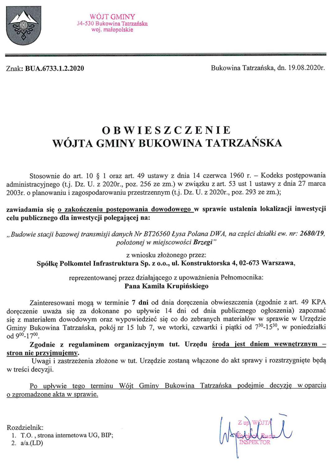 Obwieszczenie Wójta Gminy Bukowina Tatrzańska BUA 6733.1.2.2020
