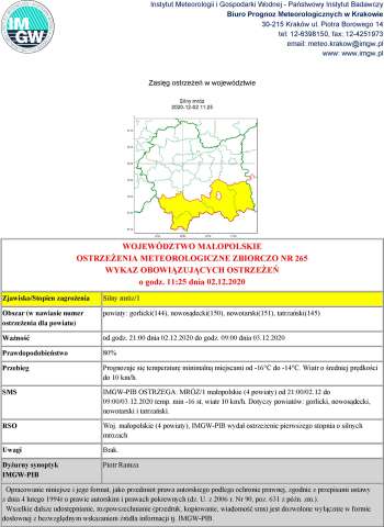 OSTRZEŻENIA METEOROLOGICZNE NR 265 - SILNY MRÓZ