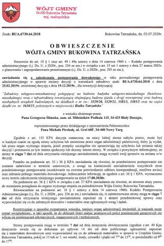 Obwieszczenie Wójta Gminy Bukowina Tatrzańska BUA 6730.64.2018 str 1