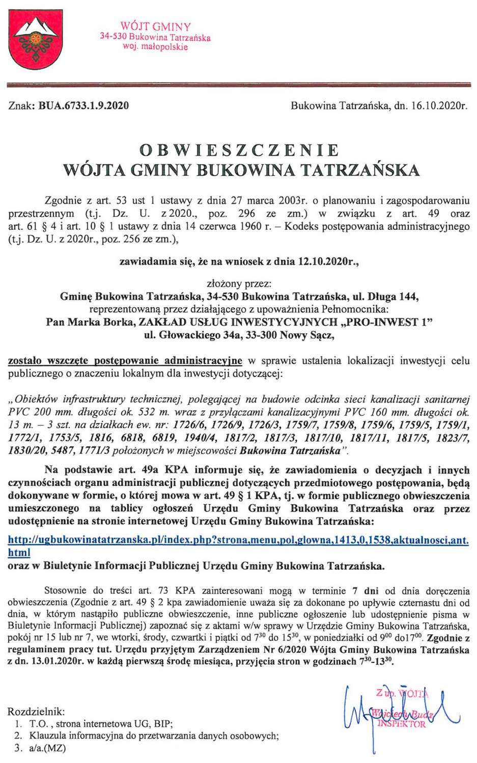 Obwieszczenie Wójta Gminy Bukowina Tatrzańska BUA 6733.1.9.2020