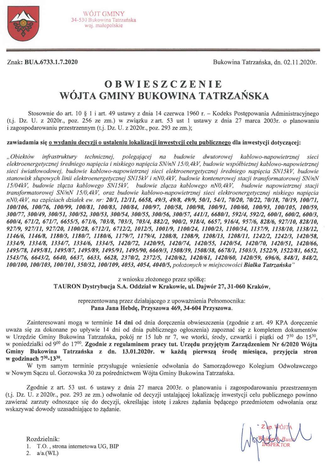 Obwieszczenie Wójta Gminy Bukowina Tatrzańska BUA 6733.1.7.2020