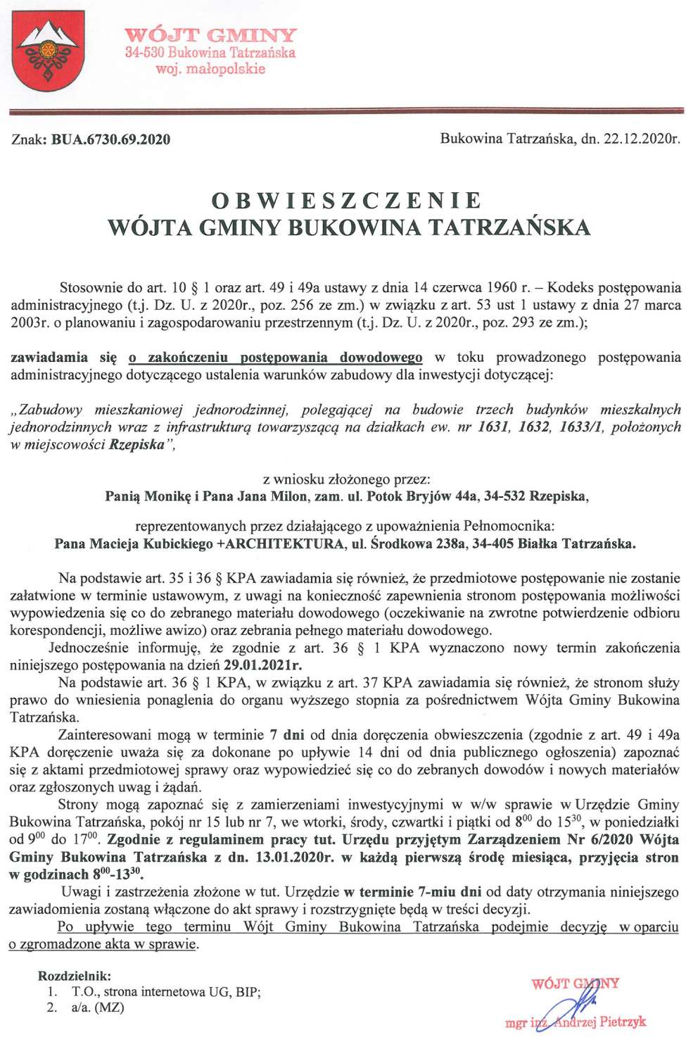 Obwieszczenie Wójta Gminy Bukowina Tatrzańska BUA 6730.69.2020