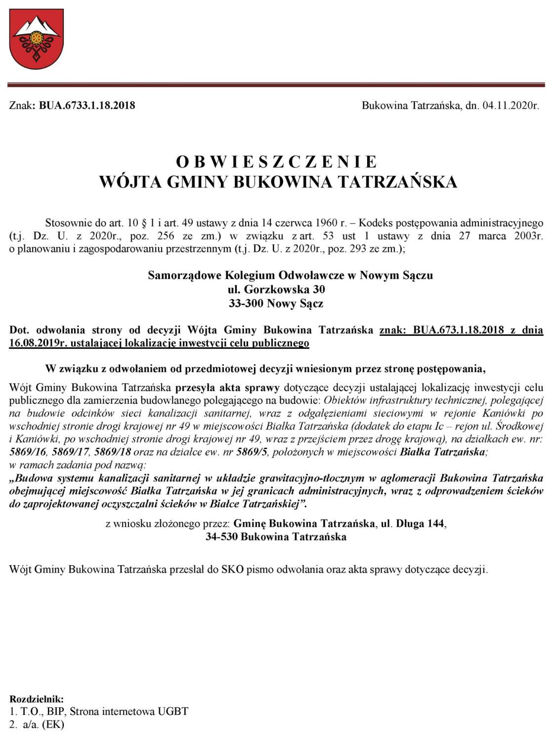 Obwieszczenie Wójta Gminy Bukowina Tatrzańska BUA 6733.1.18.2018