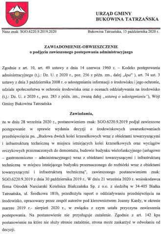 ZAWIADOMIENIE-OBWIESZCZENIE o podjęciu zawieszonego postępowania administracyjnego