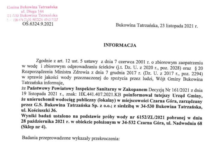 Informacja o unieruchomieniu wodociągu Czarna Góra