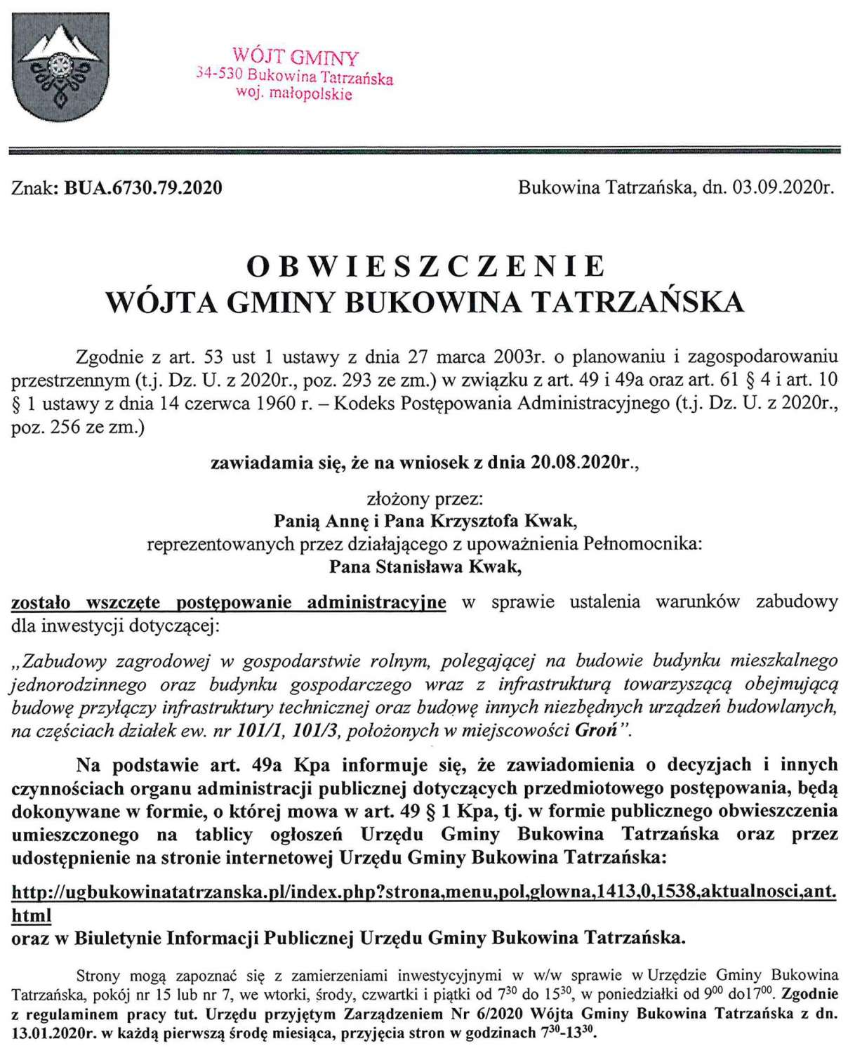 Obwieszczenie Wójta Gminy Bukowina Tatrzańska BUA 6730.79.2020
