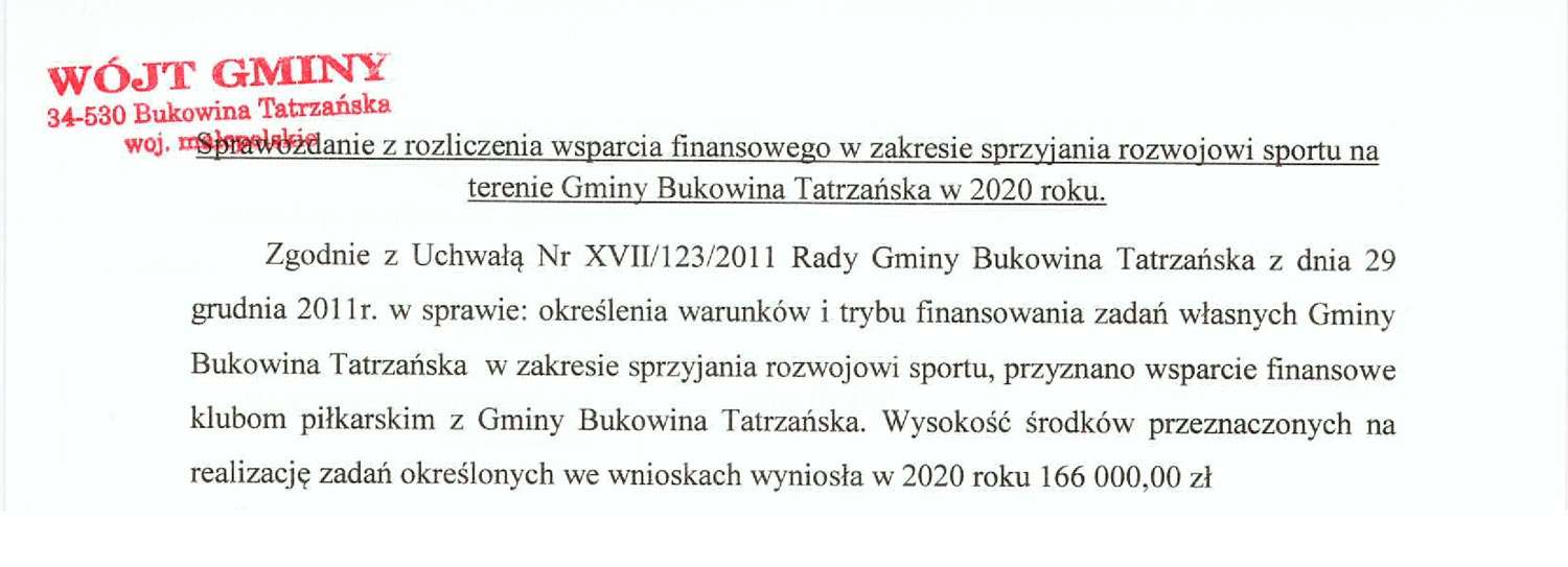 Sprawozdanie z rozliczenia wsparcia finansowego w zakresie sprzyjania rozwojowi sportu na terenie Gminy Bukowina Tatrzańska w 2020 roku