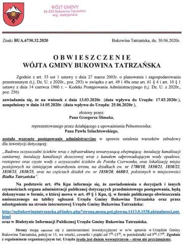 Obwieszczenie Wójta Gminy Bukowina Tatrzańska BUA 6730.32.2020