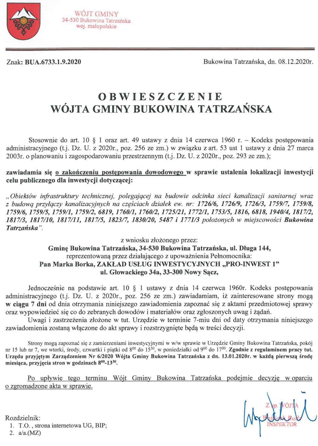 Obwieszczenie Wójta Gminy Bukowina Tatrzańska BUA 6733.1.9.2020