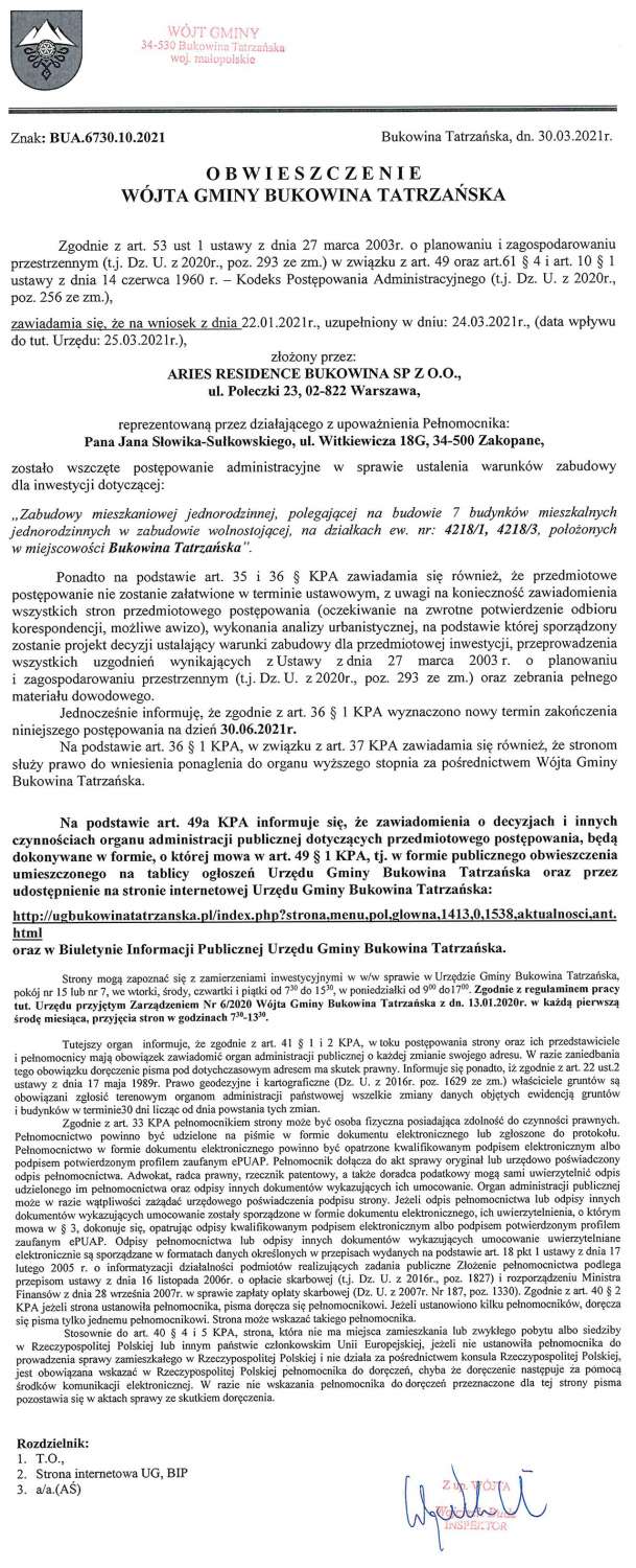 Obwieszczenie Wójta Gminy Bukowina Tatrzańska BUA 6730.10.2021