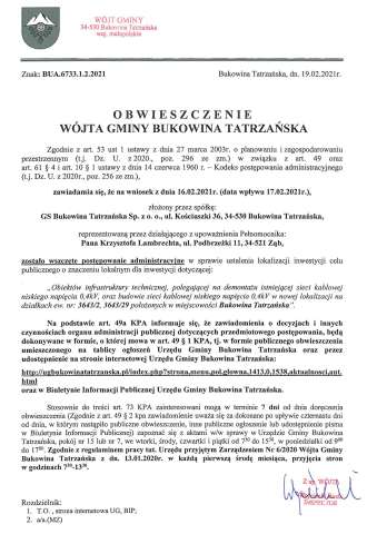 Obwieszczenie Wójta Gminy Bukowina Tatrzańska BUA 6733.1.2.2021