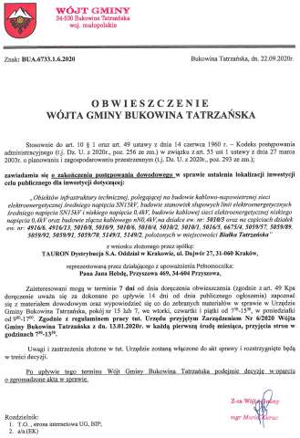 Obwieszczenie Wójta Gminy Bukowina Tatrzańska BUA 6733.1.6.2020