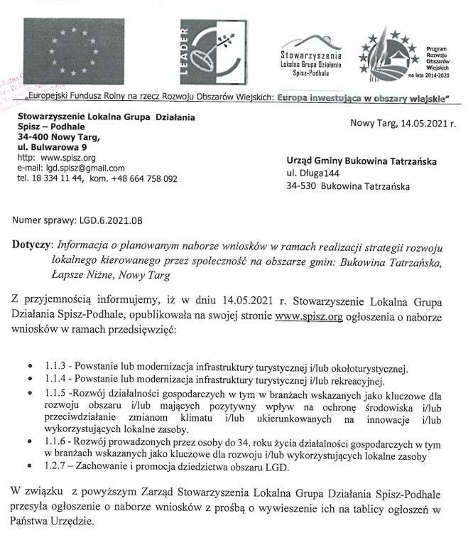 Nabór wniosków - Stowarzyszenie Lokalna Grupa Działania Spisz - Podhale