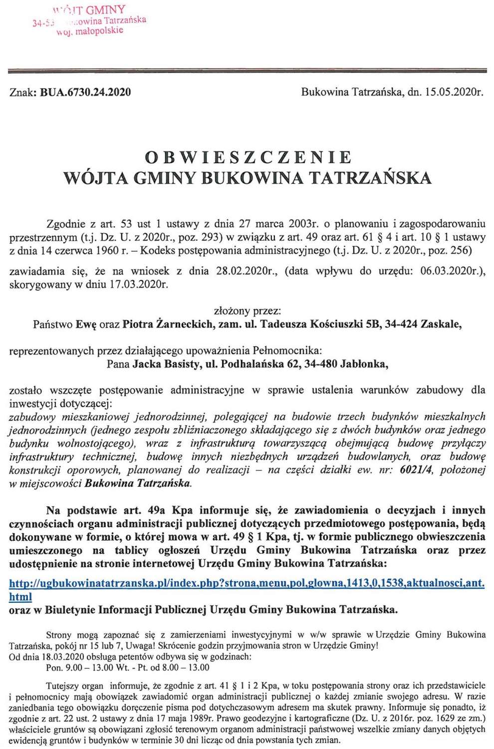 Obwieszczenie Wójta Gminy Bukowina Tatrzańska BUA 6730.24.2020 str 1