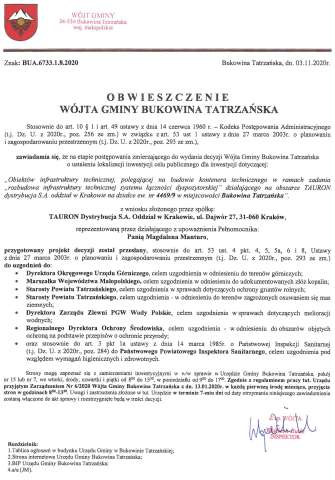 Obwieszczenie Wójta Gminy Bukowina Tatrzańska BUA 6733.1.8.2020