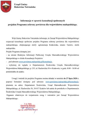 Informacja o konsultacjach społecznych Programu ochrony powietrza dla województwa małopolskiego