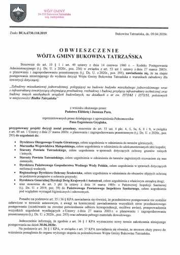 Obwieszczenie Wójta Gminy Bukowina Tatrzańska BUA 6730.118.2019 str 1