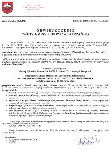 Obwieszczenie Wójta Gminy Bukowina Tatrzańska BUA 6733.1.4.2020