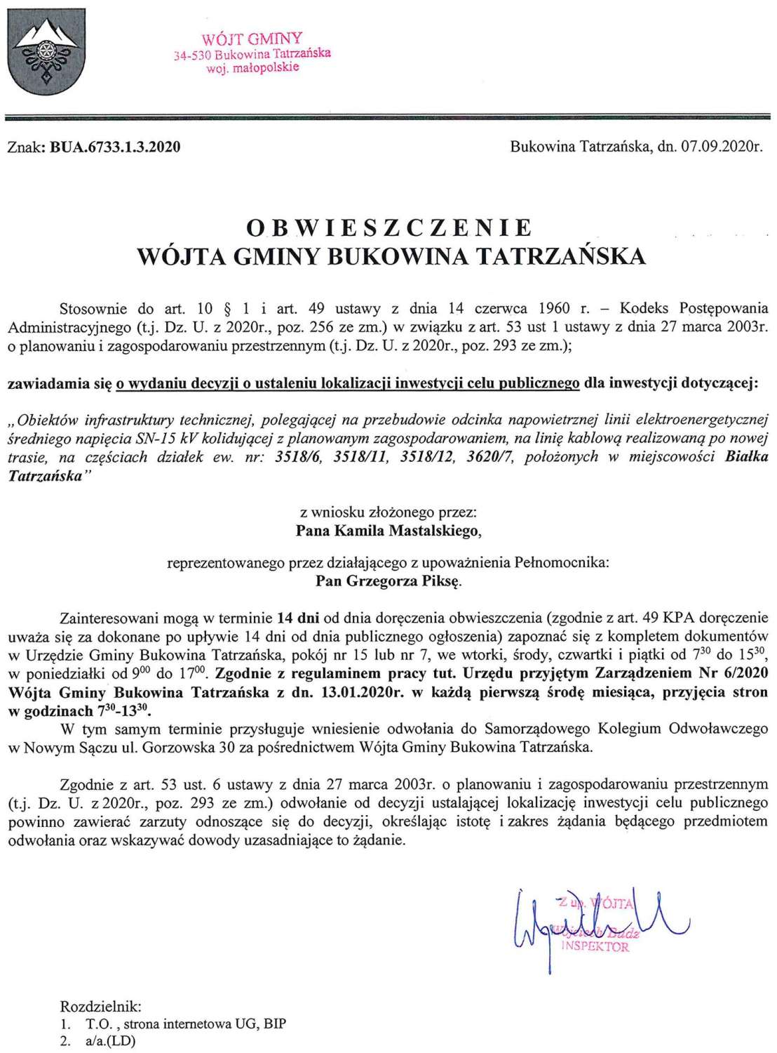 Obwieszczenie Wójta Gminy Bukowina Tatrzańska BUA 6733.1.3.2020