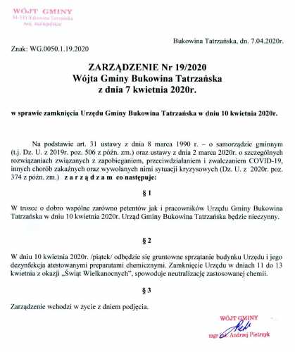 Zamknięcie Urzędu Gminy Bukowina Tatrzańska w dniu 10 kwietnia 2020 r.