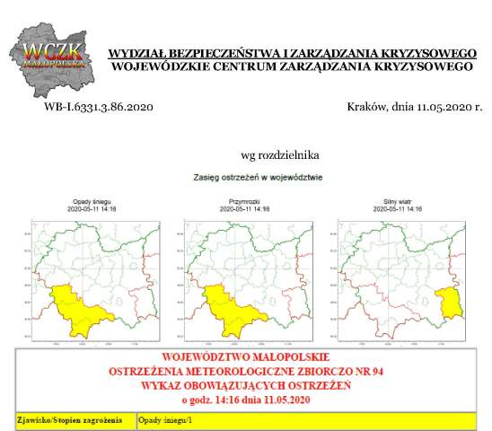 OSTRZEŻENIA METEOROLOGICZNE NR 94 - OPADY ŚNIEGU / PRZYMROZKI