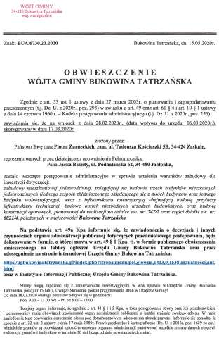 Obwieszczenie Wójta Gminy Bukowina Tatrzańska BUA 6730.23.2020 str 1