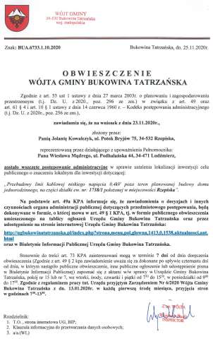 Obwieszczenie Wójta Gminy Bukowina Tatrzańska BUA 6733.1.10.2020