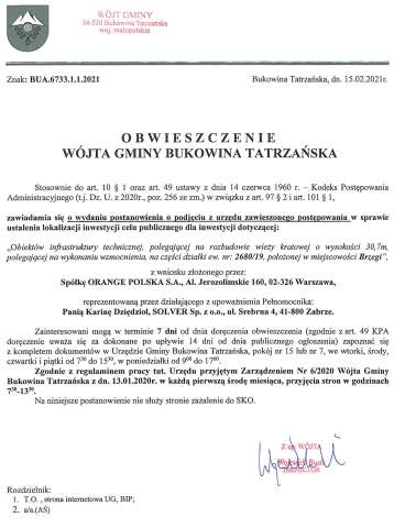 Obwieszczenie Wójta Gminy Bukowina Tatrzańska BUA 6733.1.1.2021