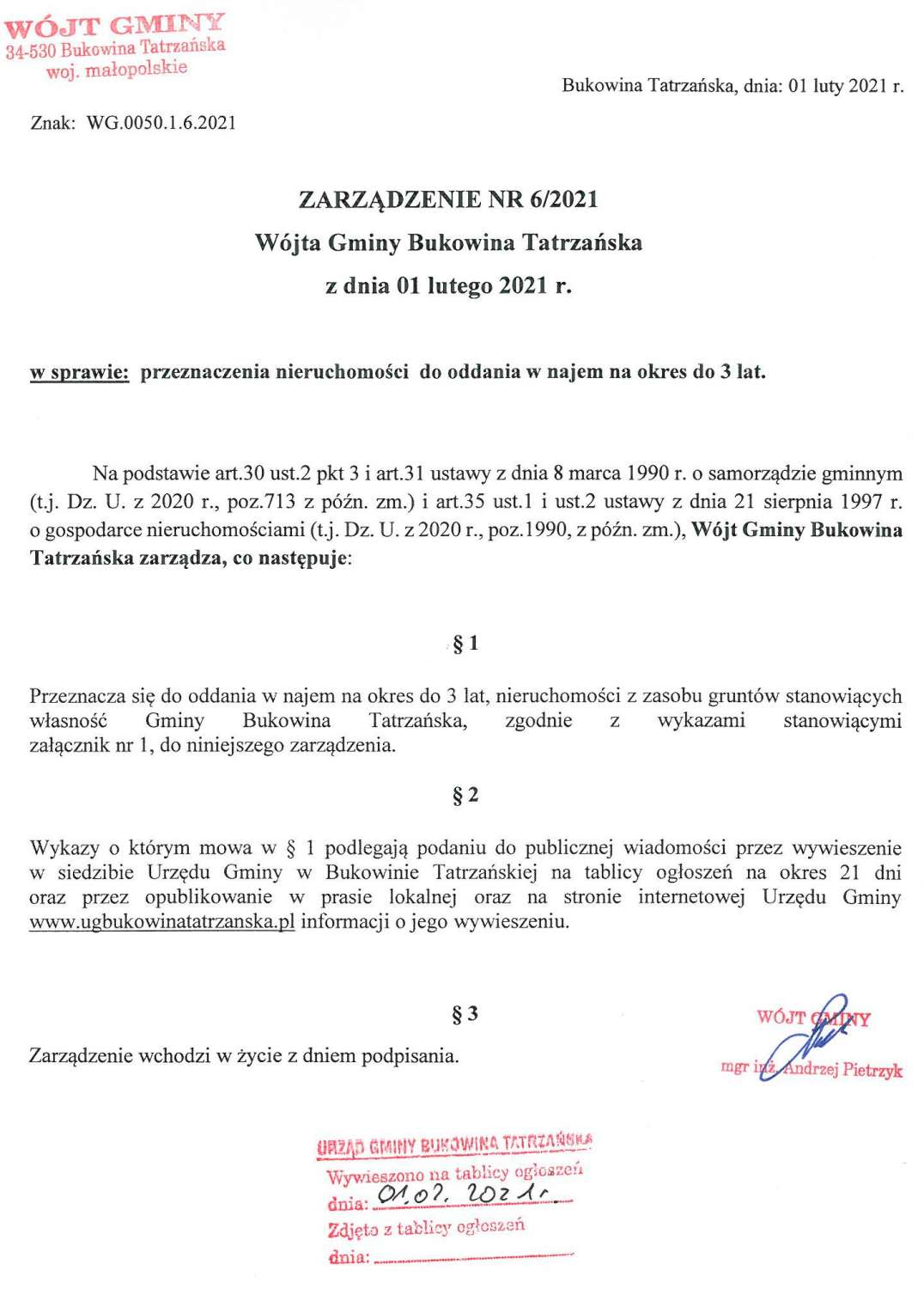 ZARZĄDZENIE NR 6/2021 Wójta Gminy Bukowina Tatrzańska w sprawie przeznaczenia nieruchomości do oddania w najem na okres do 3 lat