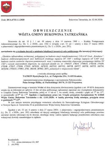 Obwieszczenie Wójta Gminy Bukowina Tatrzańska BUA 6733.1.1.2020