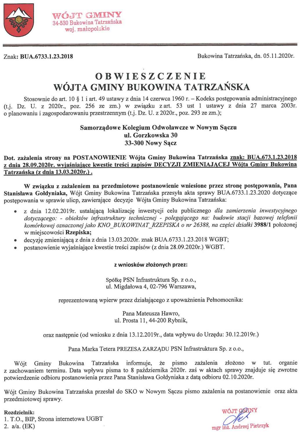 Obwieszczenie Wójta Gminy Bukowina Tatrzańska BUA 6733.1.23.2018