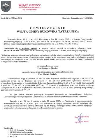 Obwieszczenie Wójta Gminy Bukowina Tatrzańska BUA 6730.64.2018