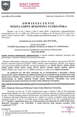 Obwieszczenie Wójta Gminy Bukowina Tatrzańska BUA 6733.1.6.2020