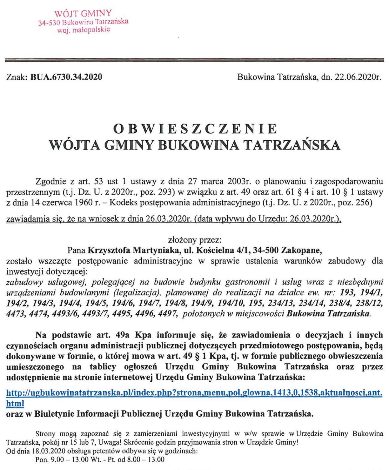 Obwieszczenie Wójta Gminy Bukowina Tatrzańska BUA 6730.34.2020 str 1