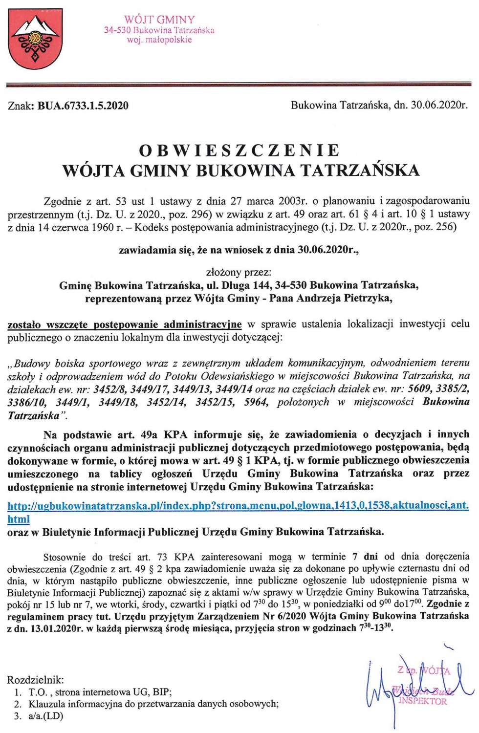 Obwieszczenie Wójta Gminy Bukowina Tatrzańska BUA 6733.1.5.2020 str 1