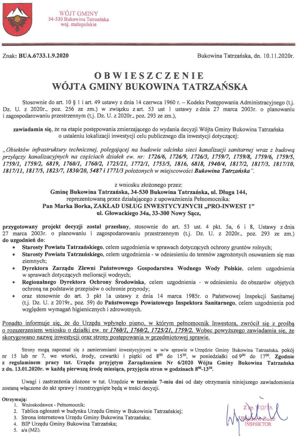 Obwieszczenie Wójta Gminy Bukowina Tatrzańska BUA 6733.1.9.2020