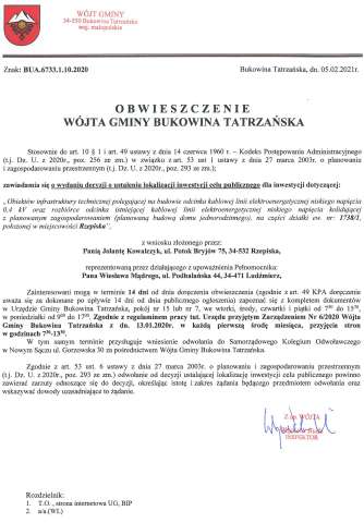 Obwieszczenie Wójta Gminy Bukowina Tatrzańska BUA 6733.1.10.2020