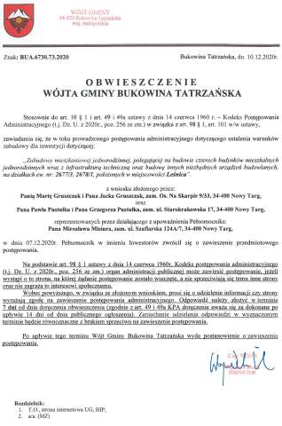 Obwieszczenie Wójta Gminy Bukowina Tatrzańska BUA 6730.73.2020