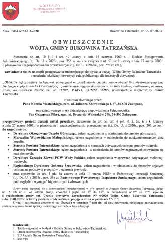 Obwieszczenie Wójta Gminy Bukowina Tatrzańska BUA 6733.1.3.2020