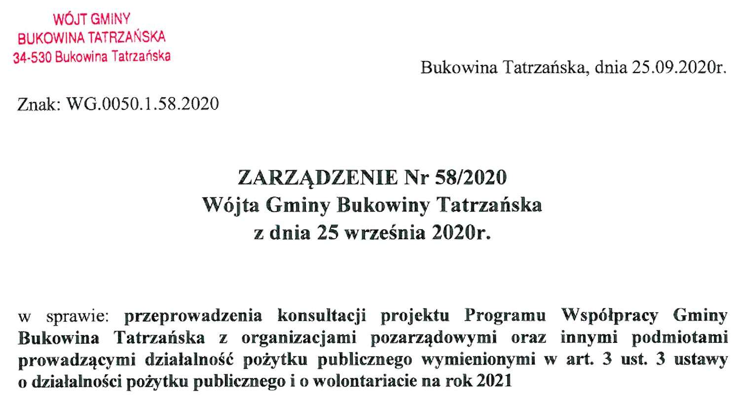 Zarządzenie nr 58/2020 Wójta Gminy Bukowina Tatrzańska z dnia 25 września 2020 r.