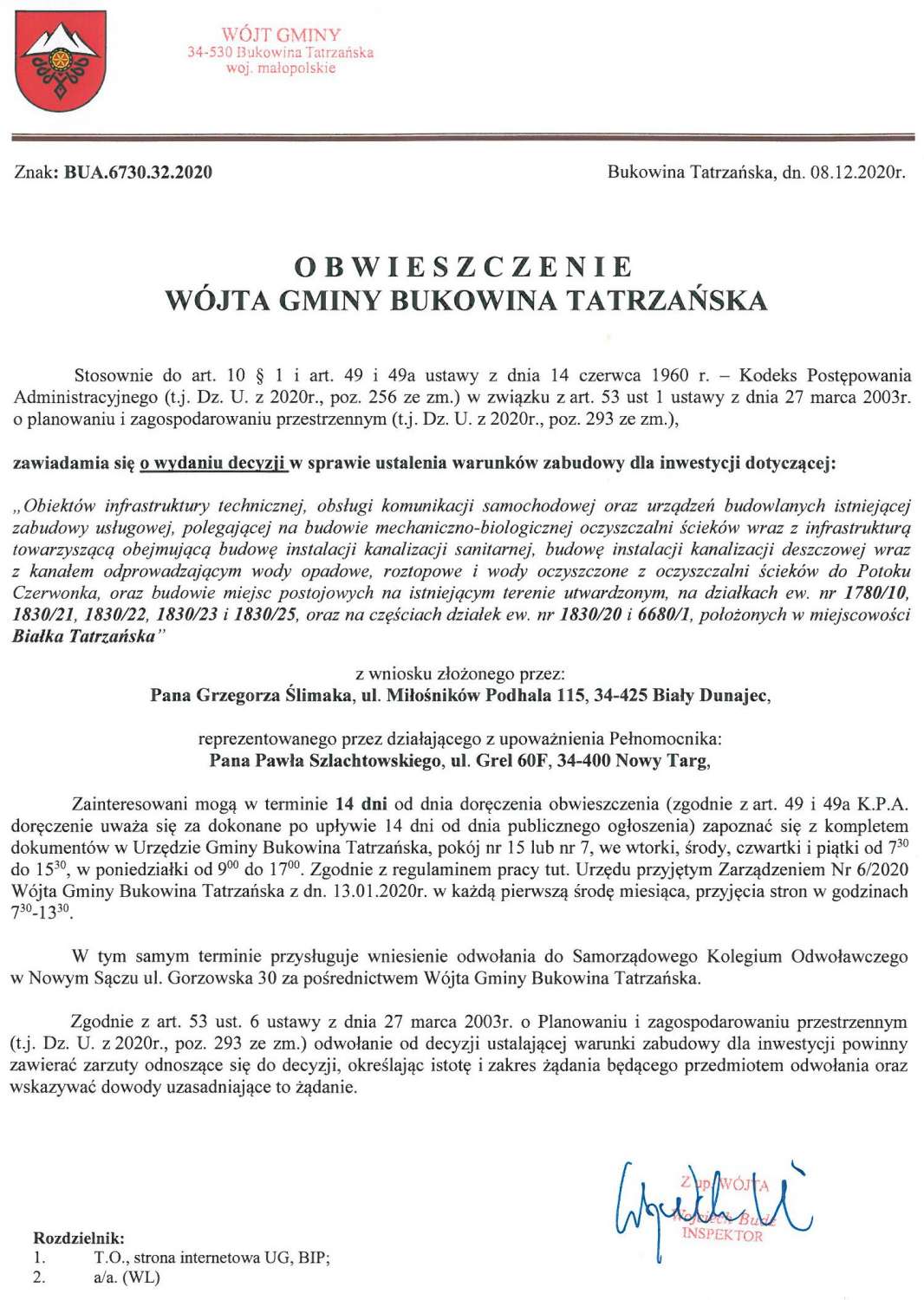 Obwieszczenie Wójta Gminy Bukowina Tatrzańska BUA 6730.32.2020