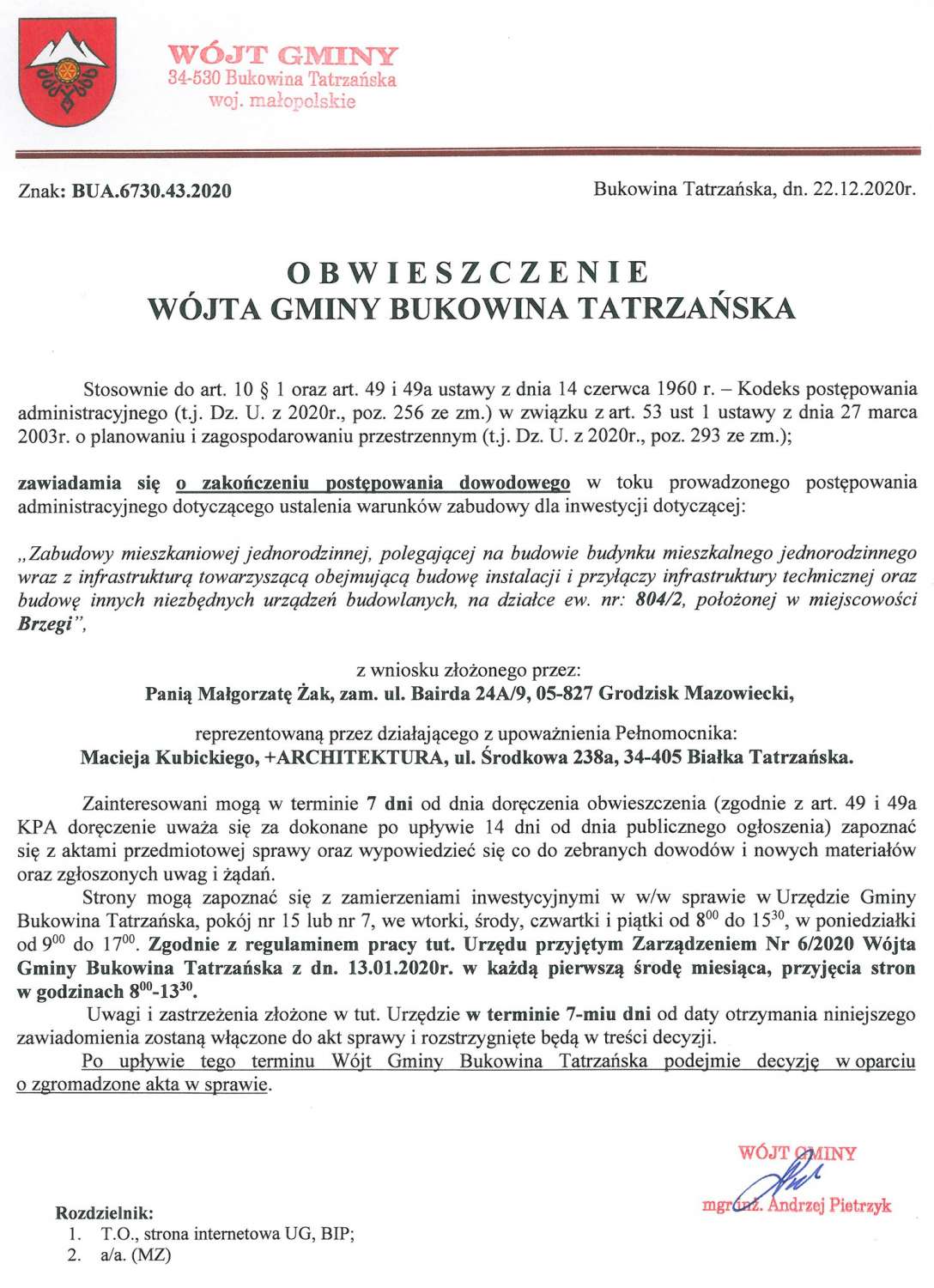 Obwieszczenie Wójta Gminy Bukowina Tatrzańska BUA 6730.43.2020