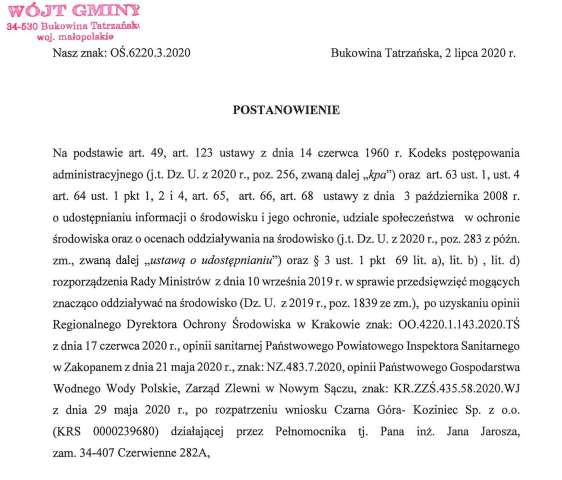 Postanowienie obowiązek przeprowadzenia oceny oddziaływania przedsięwzięcia na środowisko oraz sporządzenia raportu