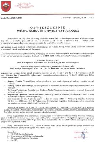 Obwieszczenie Wójta Gminy Bukowina Tatrzańska BUA 6730.69.2020