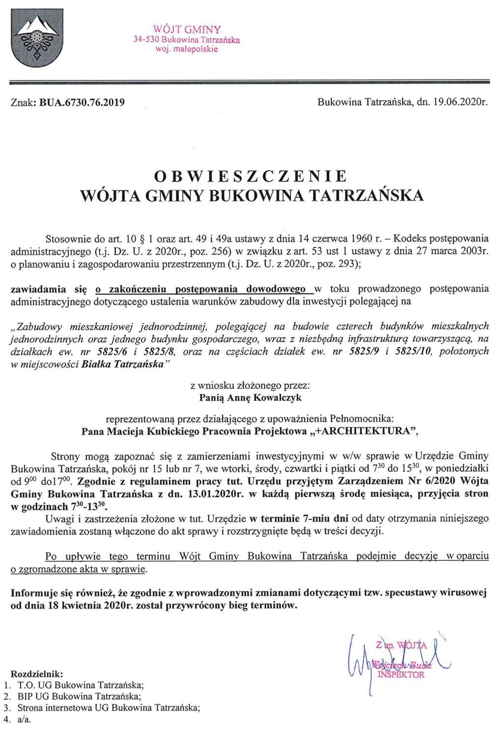 Obwieszczenie Wójta Gminy Bukowina Tatrzańska BUA 6730.76.2019