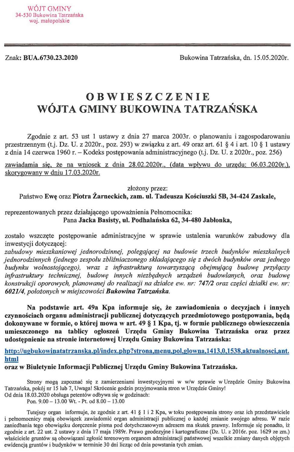 Obwieszczenie Wójta Gminy Bukowina Tatrzańska BUA 6730.23.2020 str 1